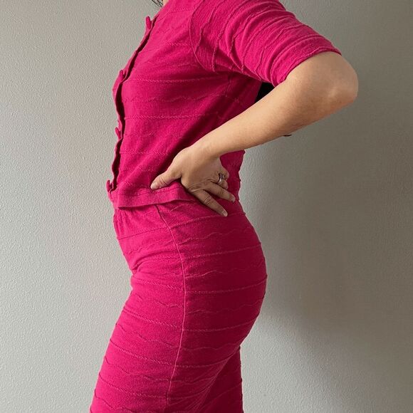vtg 80s hot pink knit two piece fitted skirt set short sleeve top retro small - Picture 3 of 7